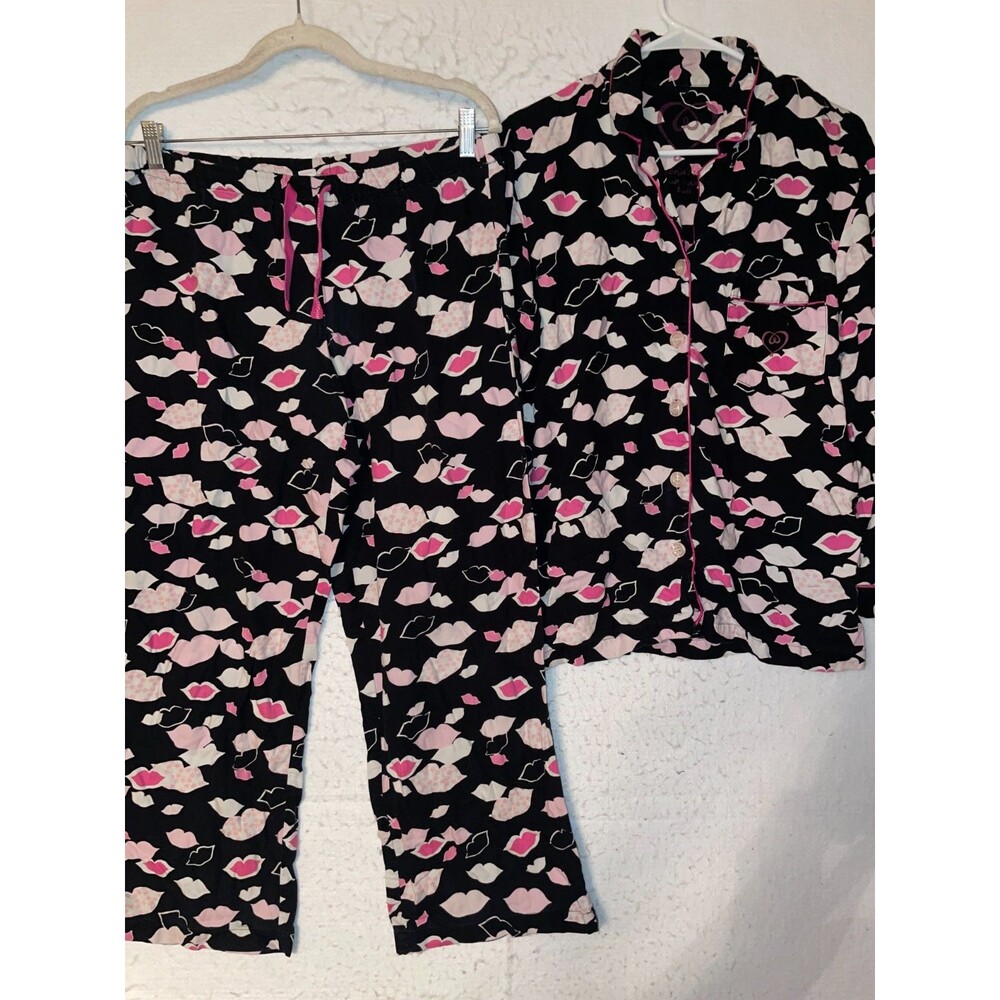 Victoria Secret Lips Women's Flannel Pajama Set Sz S Black Pink 100% Cotton VTG
